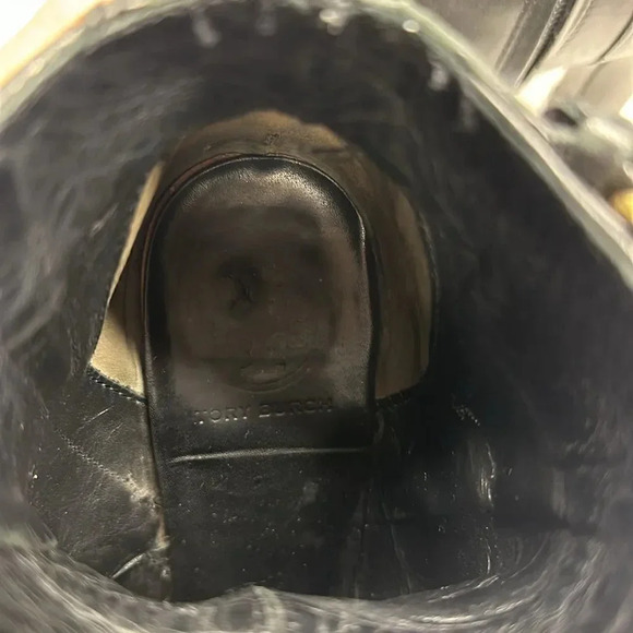 Tory Burch Milan Ankle Boots Block High Heel Booties Leather Black Gold  7.5 - Picture 9 of 11